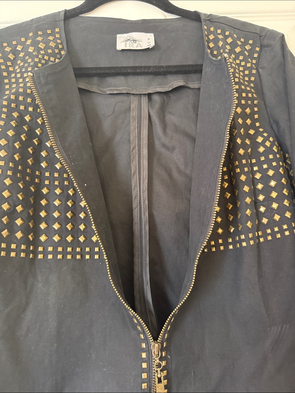 IRA Black Studded Zip Front Jacket Cotton Blend Bronze Studded Size PM - Picture 10 of 12